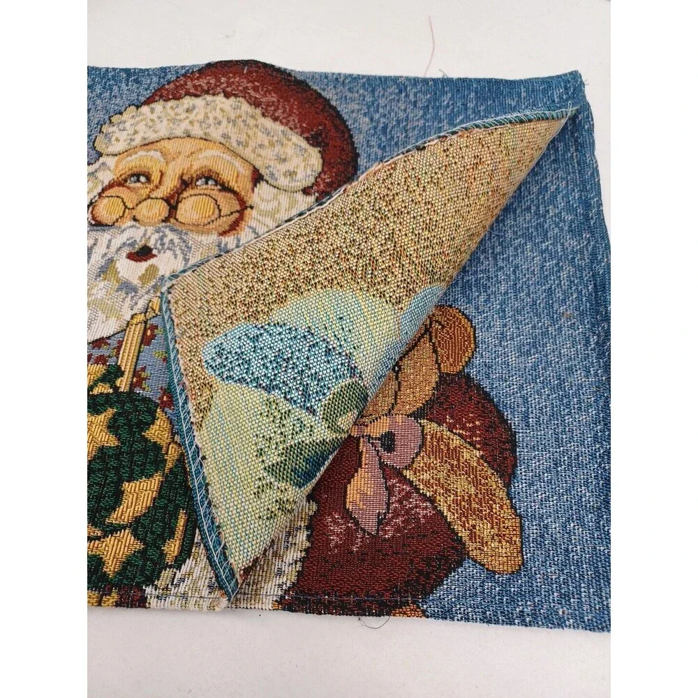 Vtg Christmas Santa Claus Teddy Bear Woven Tapestry Placemats Set of 4